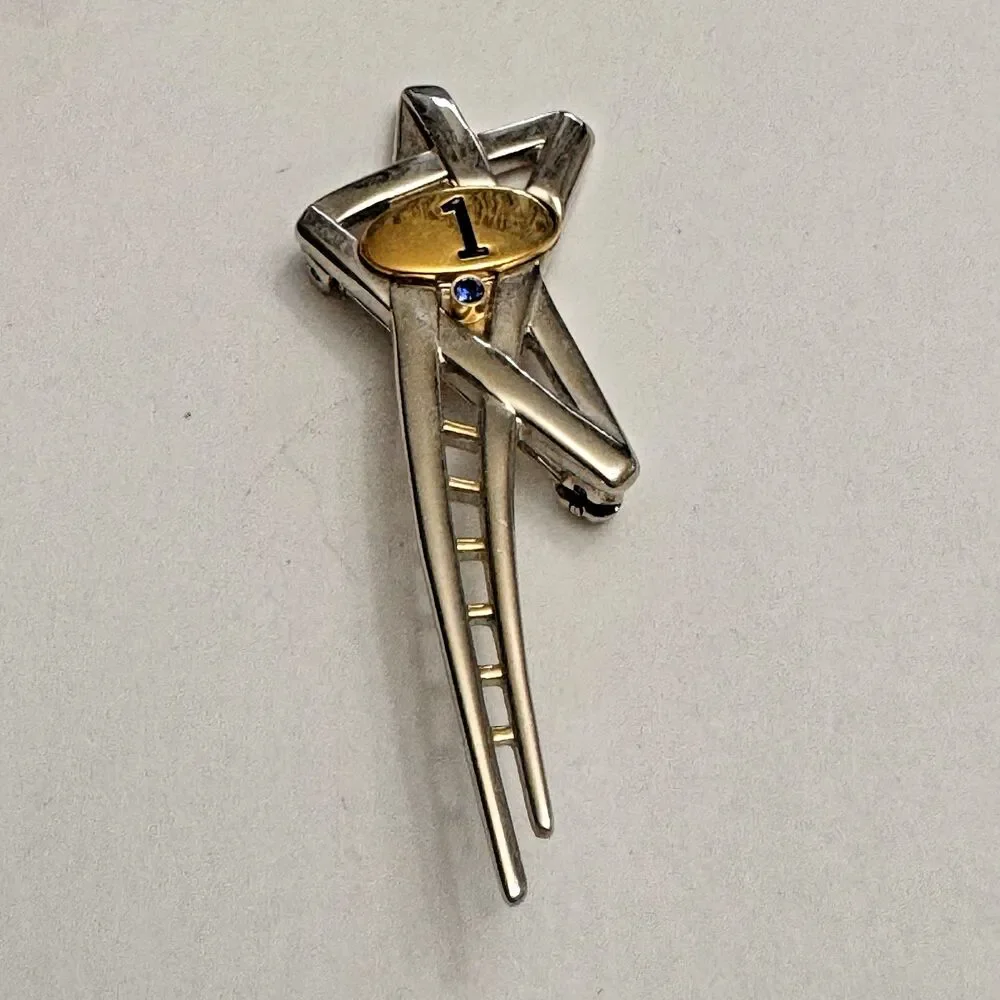 Unique Modernist Ladder Brooch – Sterling Silver & Gold Tone, Blue Gem Accent